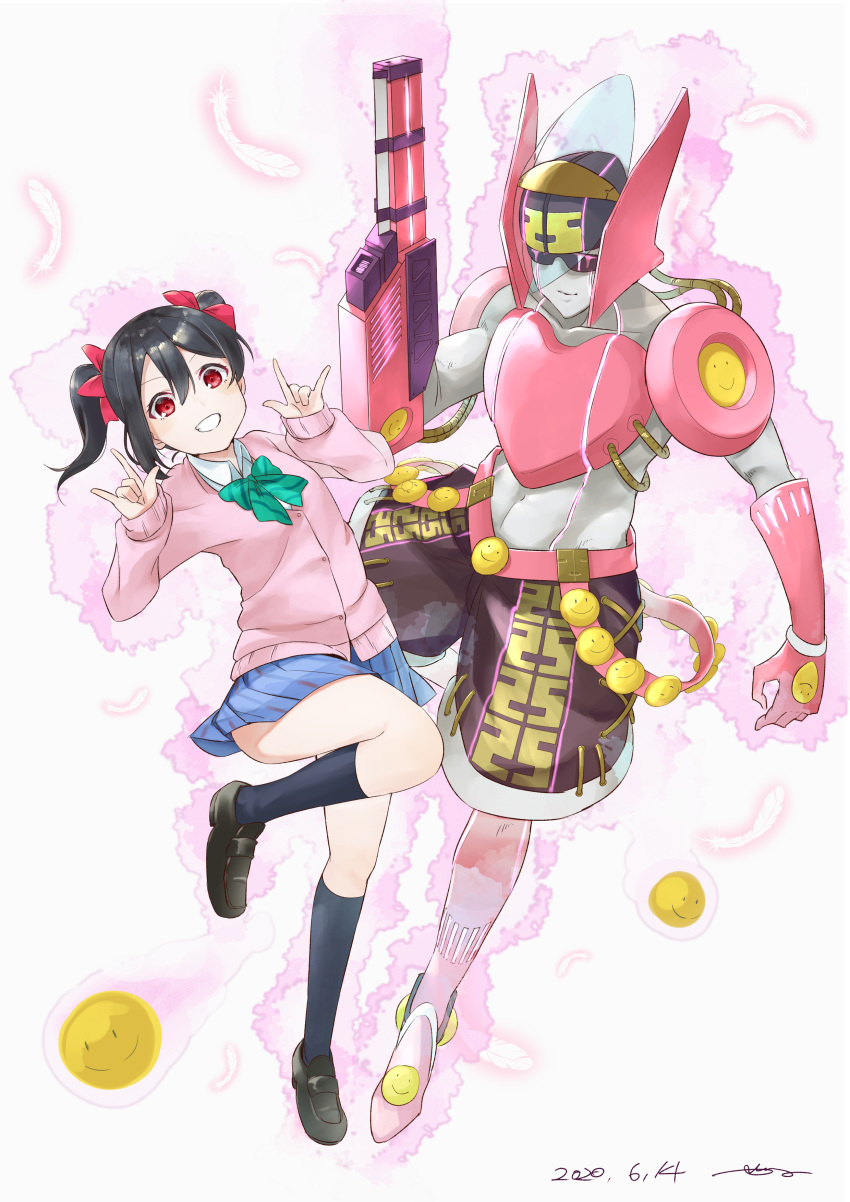 1girl, absurdres, commentary, full_body, gagano91, gun, highres, jojo_no_kimyou_na_bouken, love_live!, love_live!_school_idol_project, nico_nico_nii, one_eye_closed, otonokizaka_school_uniform, pink_cardigan, school_uniform, shorts, stand_(jojo), sunglasses, trouble_busters, weapon, yazawa_nico