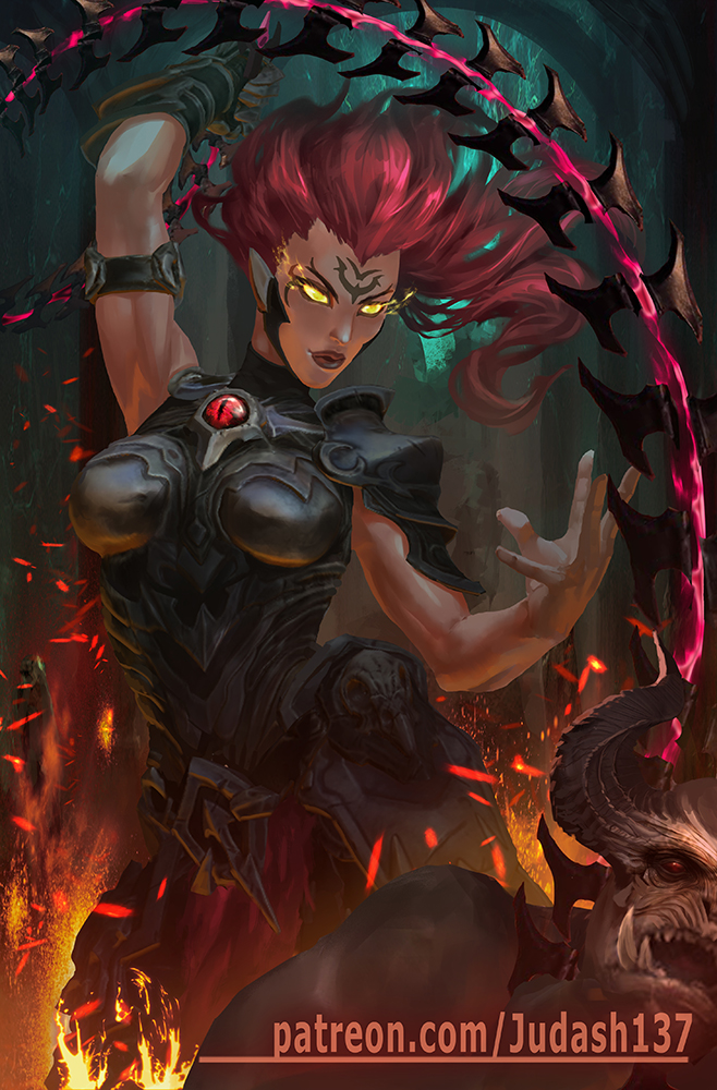 1girl, armor, armpits, boots, breastplate, chains, darksiders, fury_(darksiders), glowing, glowing_eyes, judash137, lips, long_hair, looking_at_viewer, muscle, redhead, smile, solo, weapon, whip, yellow_eyes