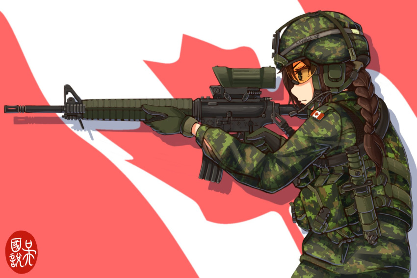 1girl, aiming, assault_rifle, braid, braided_ponytail, brown_hair, camouflage, canadian_flag