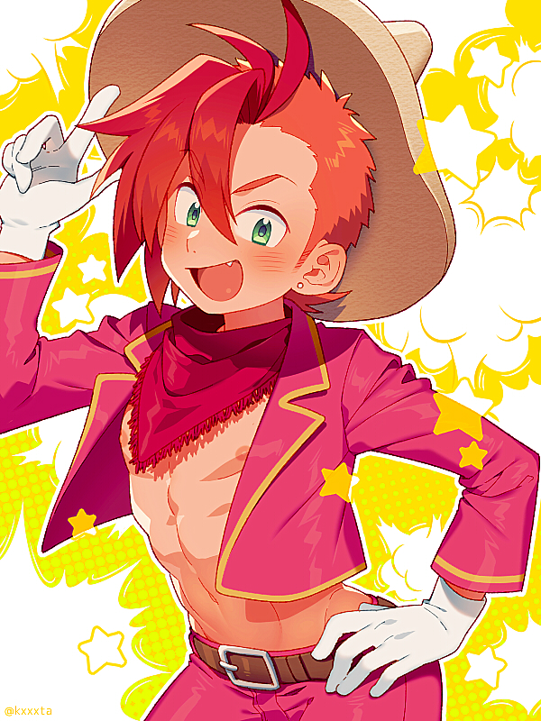1boy, belt, disney, earrings, fang, gloves, green_eyes, hat, jacket, jewelry, kiri_futoshi, male_focus, mickey_mouse_&amp;_friends, multicolored_hair, navel, neckerchief, open_clothes, open_jacket, open_mouth, orange_hair, panchito_pistoles, personification, redhead, smile, solo, sombrero, stud_earrings, twitter_username, two-tone_hair, upper_body, white_gloves