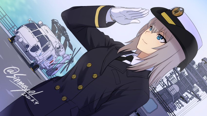 1girl, aircraft, black_neckwear, blue_eyes, dated, dutch_angle, from_side, girls_und_panzer, gloves, helicopter, highres, itsumi_erika, japan_maritime_self-defense_force, japan_self-defense_force, medium_hair, military, military_uniform, necktie, salute, sh-60_seahawk, shinmai_(kyata), silver_hair, smile, solo, twitter_username, uniform, white_gloves