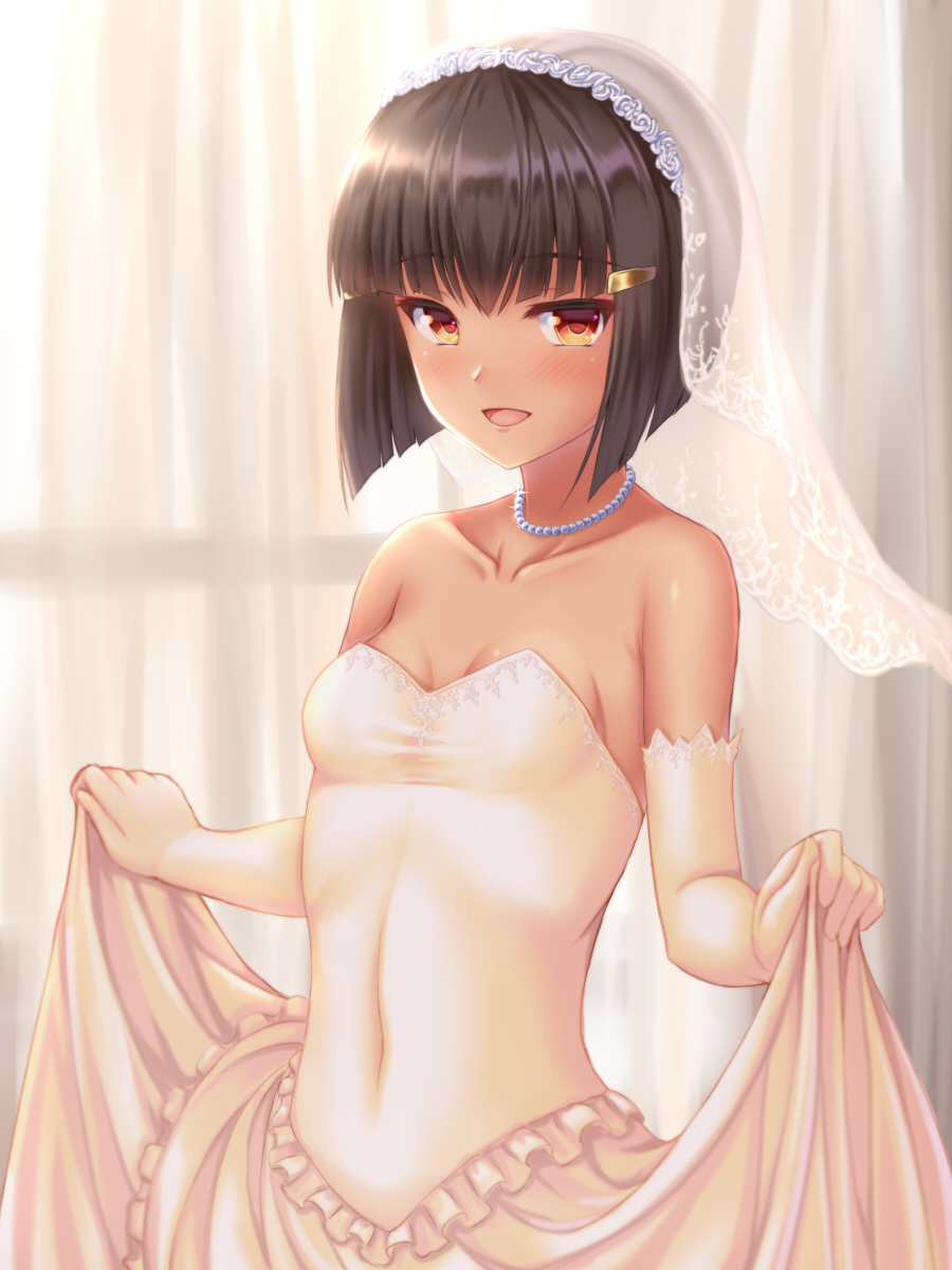 1girl, assal_(sennen_sensou_aigis), bare_shoulders, black_hair, breasts, brown_eyes, covered_navel, curtains