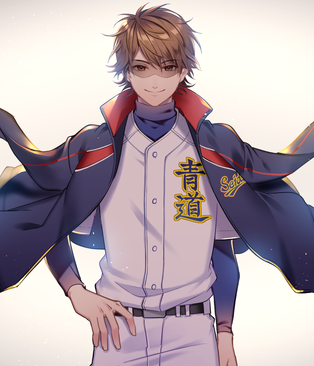 1boy, ace_of_diamond, ashitaba_(fuki), baseball_uniform, belt, brown_eyes, brown_hair, cowboy_shot, goggles, hand_on_hip, jacket, jacket_on_shoulders, long_sleeves, looking_at_viewer, male_focus, miyuki_kazuya, painttool_sai_(medium), simple_background, smile, solo, sportswear, standing, white_background