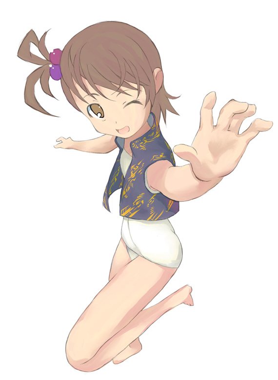 barefoot, brown_eyes, brown_hair, foreshortening, futami_ami, hair_bobbles, hair_ornament, hands