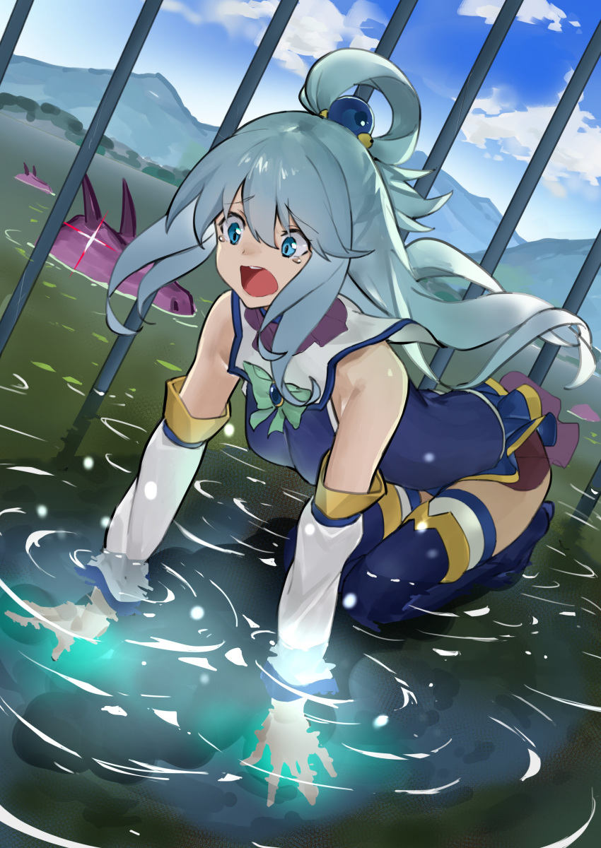 1girl, absurdres, aqua_(konosuba), bangs, bare_shoulders, beads, blue_eyes, blue_hair