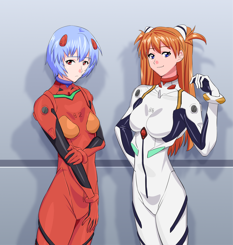 2girls, ayanami_rei, ayanami_rei_(cosplay), blue_eyes, blue_hair, bodysuit, chobi_kuma, cosplay, costume_switch, cowboy_shot, embarrassed, interface_headset, long_hair, looking_at_viewer, multiple_girls, neon_genesis_evangelion, orange_hair, pilot_suit, plugsuit, red_bodysuit, red_eyes, shadow, short_hair, smile, souryuu_asuka_langley, souryuu_asuka_langley_(cosplay), standing, tongue, tongue_out, two_side_up, white_bodysuit