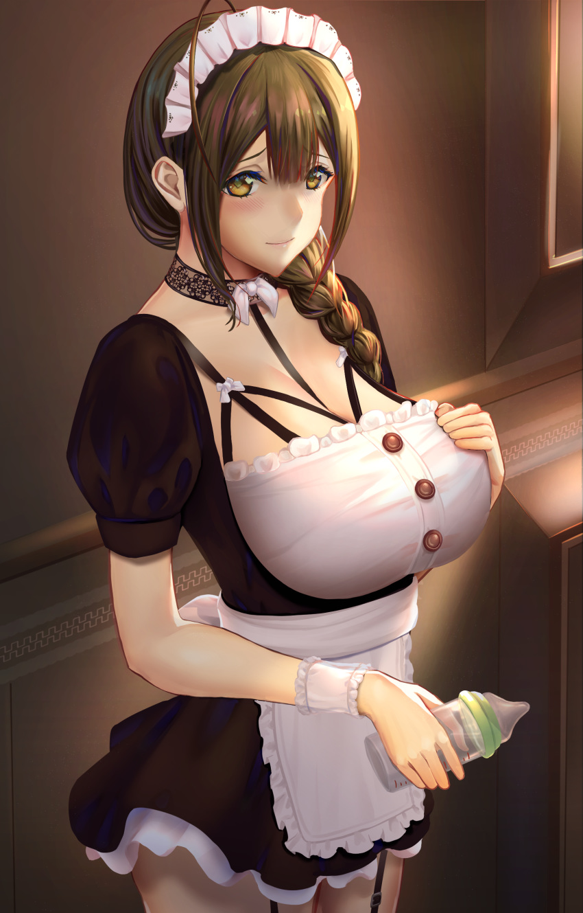 1girl, absurdres, apron, baby_bottle, bangs, blush, bottle, breasts