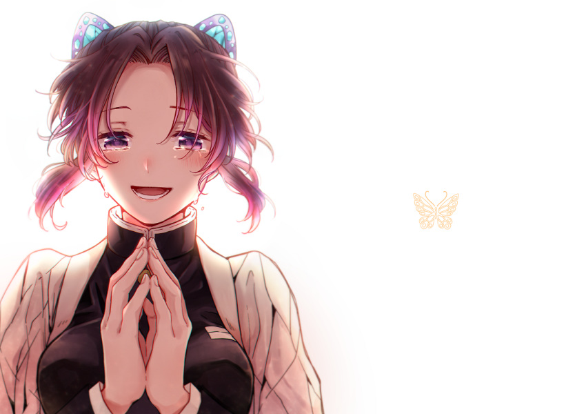 1girl, black_hair, bug, butterfly, butterfly_hair_ornament, crying, crying_with_eyes_open, hair_ornament