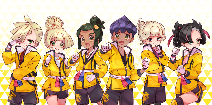 2girls, 4boys, :d, asymmetrical_bangs, bangs, beet_(pokemon), black_choker, black_hair