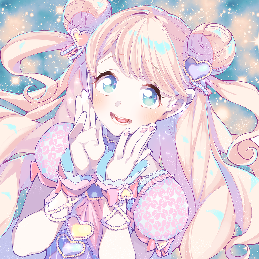 1girl, blonde_hair, blue_eyes, blush, bouzu_(bonze), commentary_request, double_bun, hair_ornament