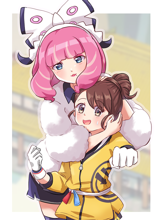 2girls, :d, amai-tapioca, bangs, blue_eyes, blush, border, bow, brown_eyes, brown_hair, coat, commentary_request, eyebrows_visible_through_hair, eyelashes, fur_coat, gloves, hair_bow, hairband, kurara_(pokemon), looking_at_viewer, mole, mole_under_mouth, multiple_girls, open_mouth, outside_border, pink_hair, pokemon, pokemon_(game), pokemon_swsh, shiny, shiny_hair, short_hair, smile, swept_bangs, thigh-highs, tongue, white_border, white_bow, white_coat, white_gloves, wristband, yuuri_(pokemon), zipper_pull_tab