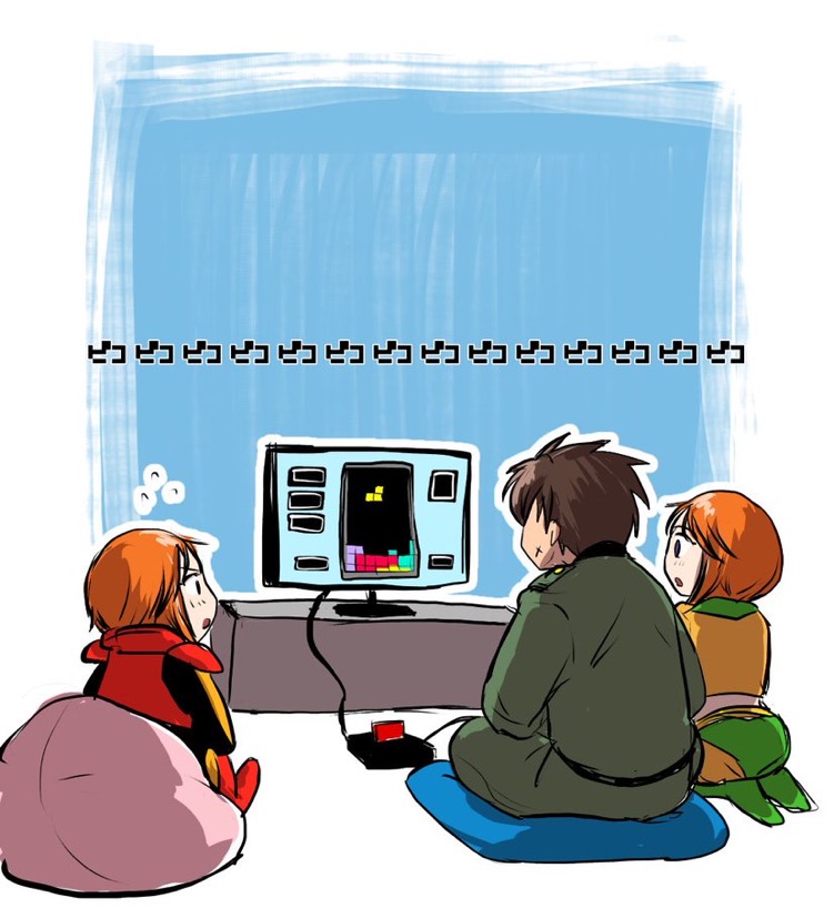 1boy, 2girls, bean_bag_chair, elpeo_puru, from_behind, full_metal_panic!, game_console, gundam, gundam_zz, kneeling, military, military_uniform, multiple_girls, pikka, playing_games, puru_two, sagara_sousuke, super_robot_wars, super_robot_wars_v, tetris, uniform, video_game