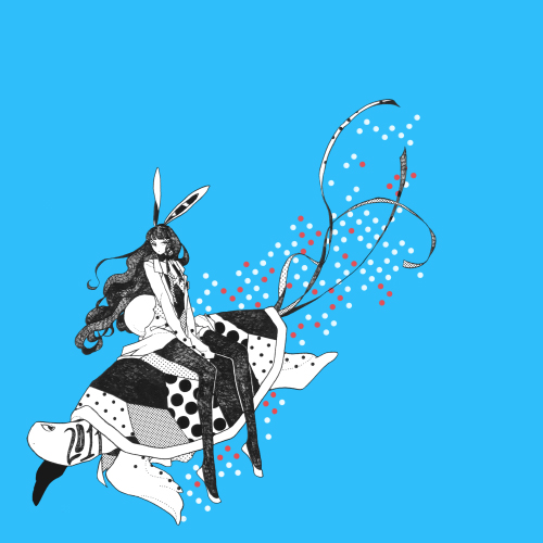 1girl, animal, animal_ears, between_legs, black_hair, black_legwear, blue_background, dithering