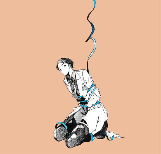 1boy, black_hair, bound, commentary_request, full_body, halftone, kayuo, kneeling, multiple_monochrome, nib_pen_(medium), orange_background, original, pants, raised_eyebrows, restrained, shoes, simple_background, sitting, solo, tied_up, traditional_media