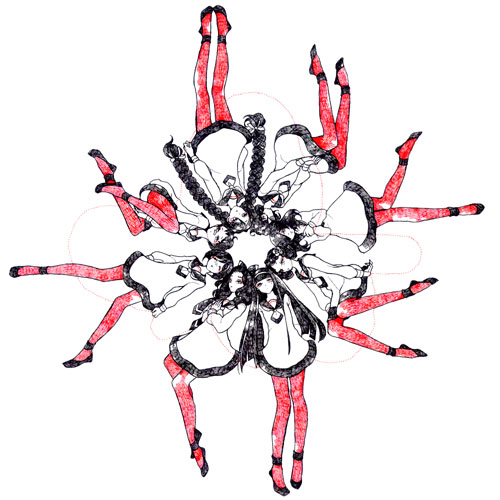 6+girls, black_footwear, black_hair, braid, circle, commentary, dress, folded_leg