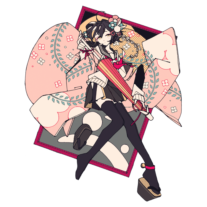 1girl, ankle_strap, black_hair, black_legwear, black_skirt, bunny_hair_ornament, closed_umbrella, commentary_request