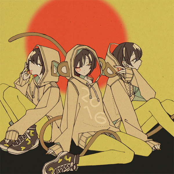 3girls, bear_hood, brown_eyes, brown_hair, commentary_request, expressionless, half-closed_eyes, halftone, heart, hood, hoodie, kayuo, knees_together_feet_apart, leg_hug, limited_palette, looking_at_viewer, multiple_girls, original, pantyhose, seiza, shoes, sitting, sneakers, very_long_sleeves, yellow_eyes