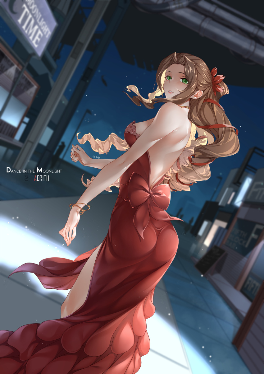 1girl, absurdres, aerith_gainsborough, backless_outfit, bare_back, bare_legs, bow, braid