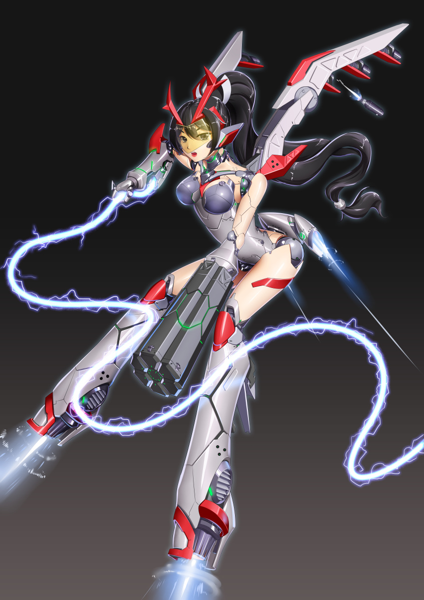 1girl, absurdres, android, arm_cannon, black_eyes, black_hair, commentary_request, energy_whip