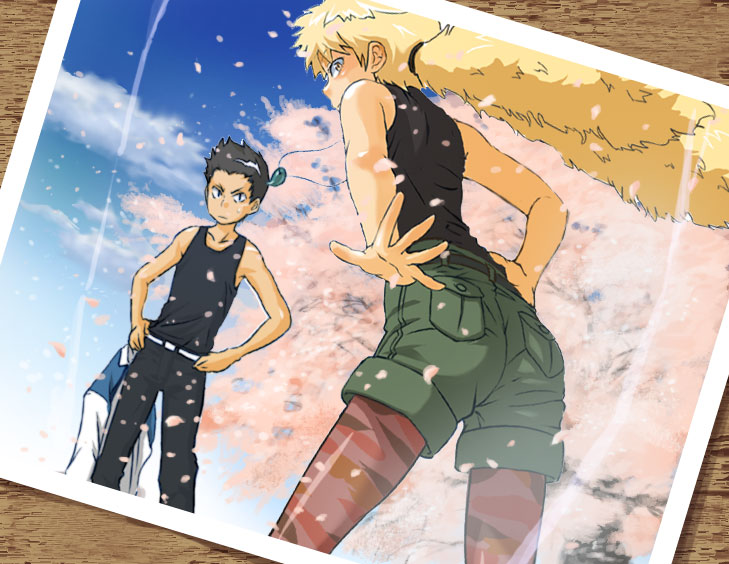 camouflage, cherry_blossoms, cloud, clouds, inugami_hatsune, jewelry, legwear_under_shorts, necklace