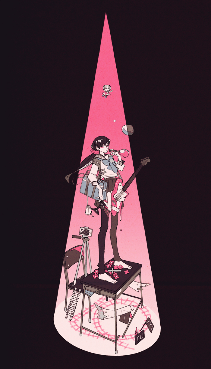 1, 1boy, 2, 3, bag, barefoot, black_background, bubble_blowing, cellphone, chair, commentary_request, crossdressinging, electric_guitar, eyeliner, full_body, ghost, guitar, highres, instrument, kayuo, long_hair, looking_at_viewer, makeup, muted_color, number, on_table, pants, pants_under_skirt, phone, school_bag, school_uniform, serafuku, shinsei_kamattechan, skirt, soap_bubbles, solo, spotlight, standing, table, tripod