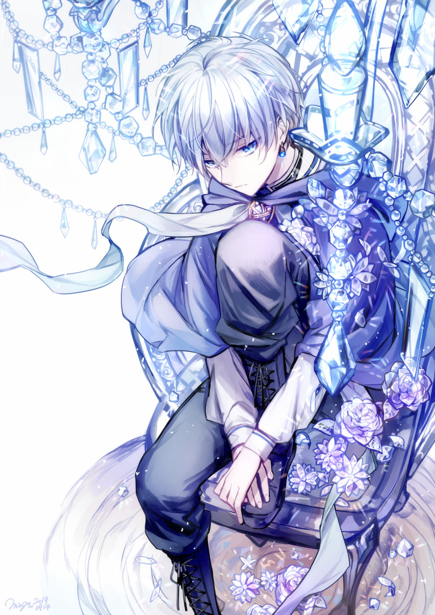 1boy, bangs, beads, blue_eyes, boots, brooch, cloak, cross-laced_footwear