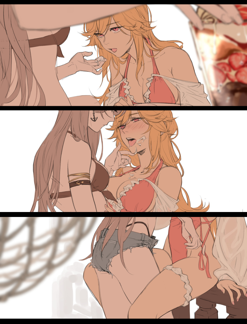 2girls, anchor_earrings, azur_lane, brown_hair, feeding, food, food_on_face, frilled_swimsuit