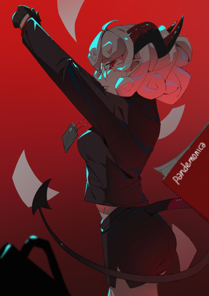 1girl, absurdres, black_gloves, business_suit, coffee_cup, coffee_mug, cup, demon_girl, demon_tail, disposable_cup, falling, formal, glasses, gloves, helltaker, highres, horns, limi26, looking_at_viewer, lying, mug, on_side, pandemonica_(helltaker), paper, pencil_skirt, pointy_ears, red_background, red_eyes, skier, skirt, solo, suit, tail