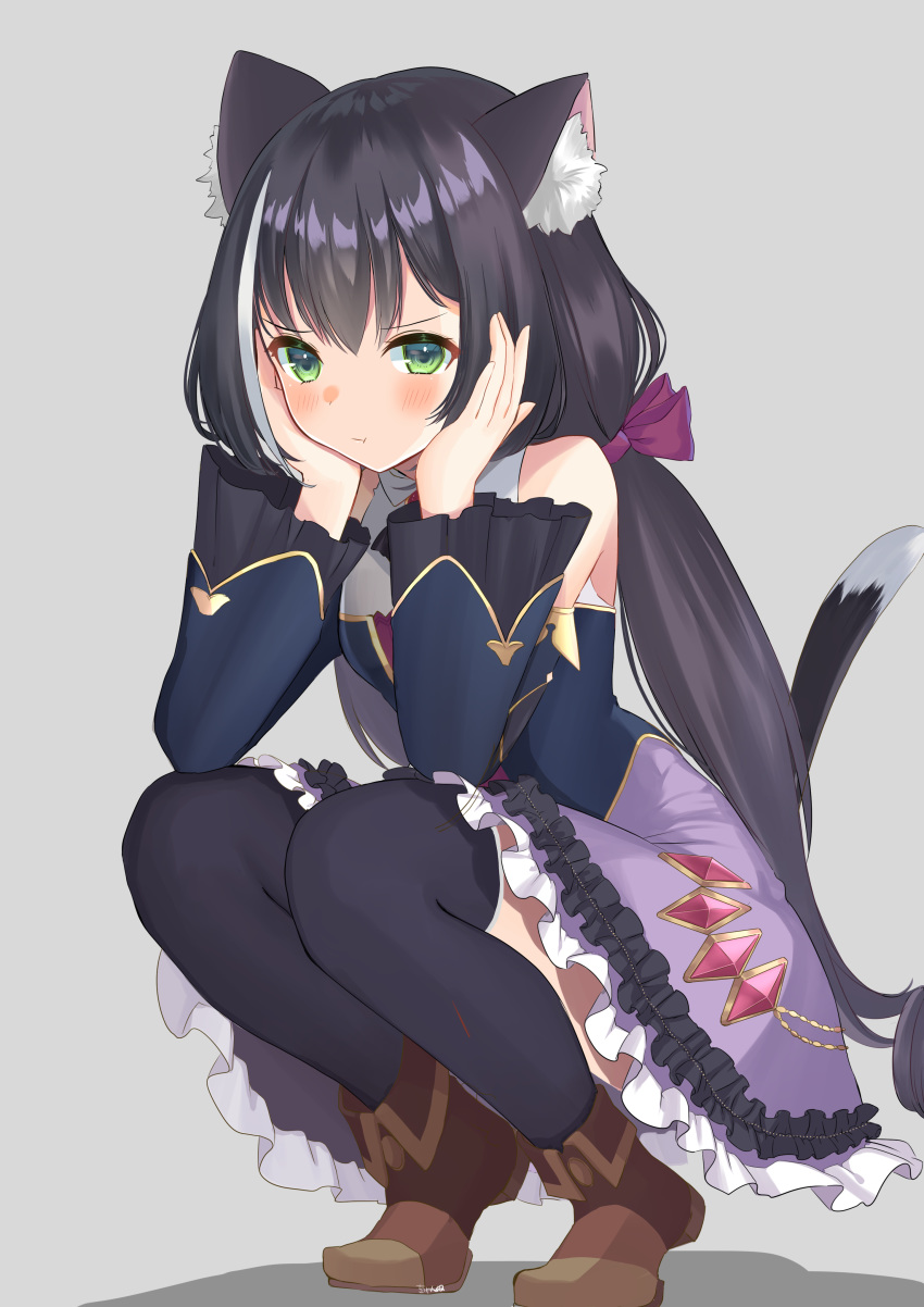 1girl, absurdres, animal_ears, bare_shoulders, black_hair, cat_ears, cat_tail, chan'nu