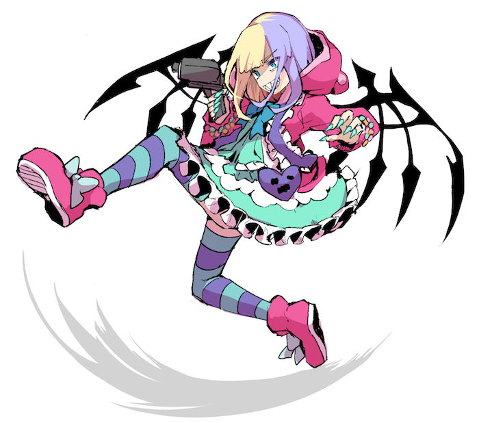 1girl, animal_ears, black_wings, blonde_hair, blue_bow, blue_eyes, blue_legwear, blue_nails