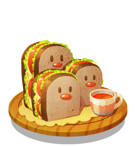 artist_request, bread, cheese, cup, drink, dugtrio, food, gen_1_pokemon, lettuce, no_humans, official_art, pokemon, pokemon_(creature), pokemon_(game), pokemon_cafe_mix, sandwich, shiny, solo, tea, teacup, tomato, transparent_background, tray