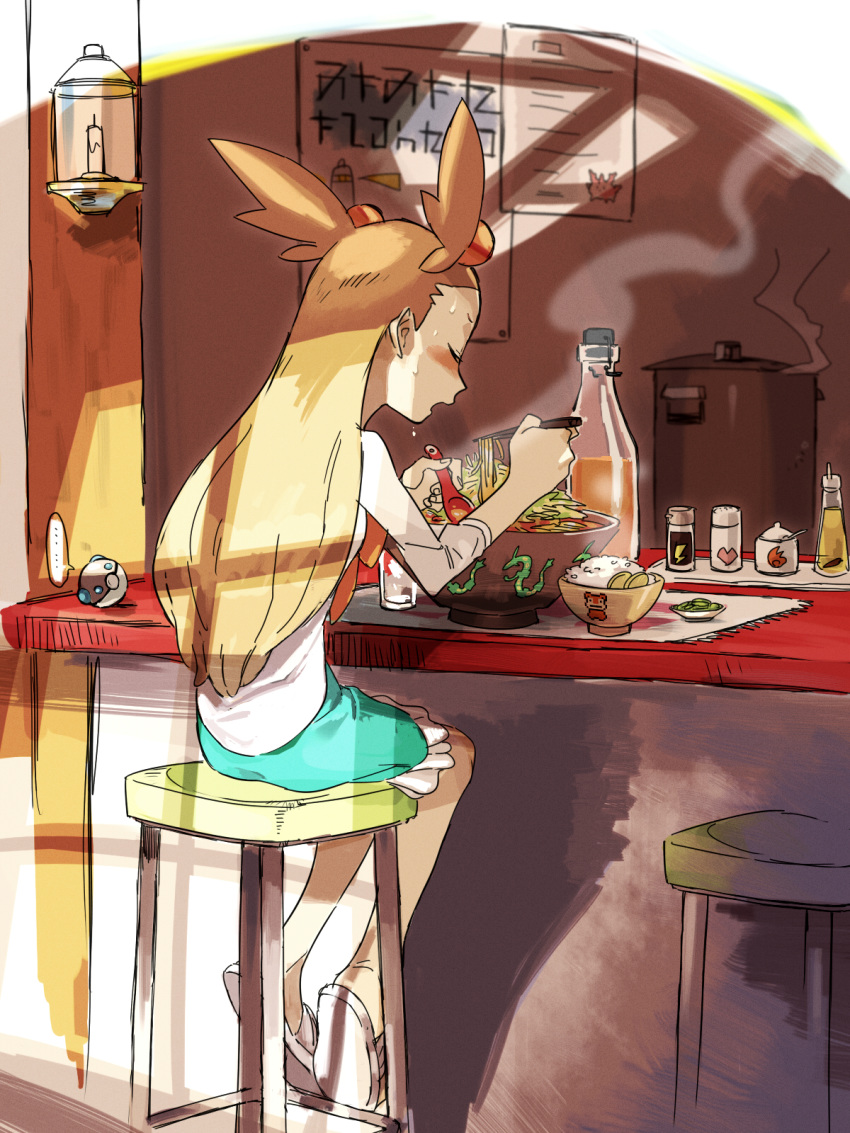 1girl, beads, blush, bottle, bowl, brown_hair, candle, chopsticks