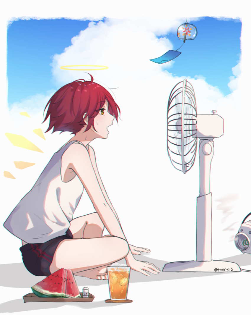 amopui, arknights, clouds, exusiai_(arknights), fan, food, fruit, halo