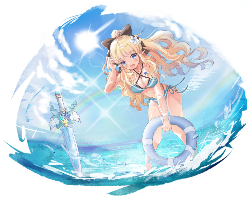 1girl, absurdres, bangs, bikini, black_bow, blonde_hair, blue_eyes, blush