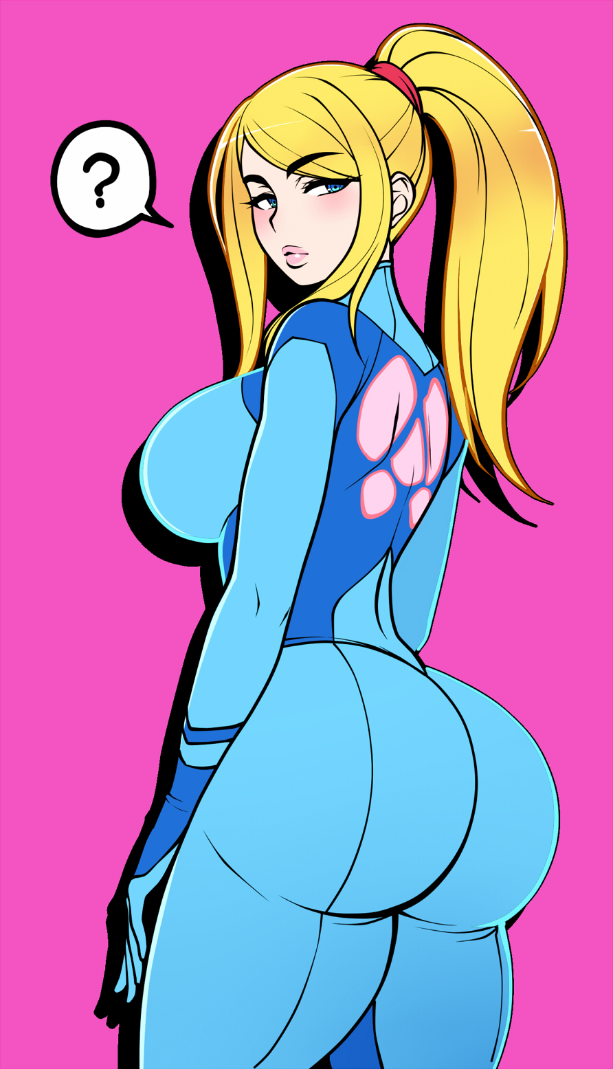 1girl, ?, ass, bangs, blonde_hair, blue_bodysuit, blue_eyes, blush