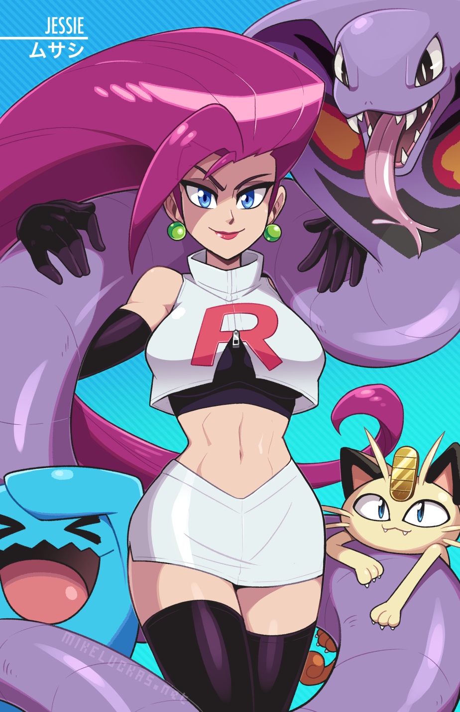 1girl, ahoge, arbok, carrying, earrings, elbow_gloves, eyeshadow, gen_1_pokemon, gen_2_pokemon, gloves, hair_slicked_back, highres, jewelry, long_hair, makeup, meowth, midriff, mike_luckas, miniskirt, musashi_(pokemon), pokemon, pokemon_m21, redhead, shoulder_carry, skirt, sleeveless, smirk, team_rocket, team_rocket_uniform, thigh-highs, very_long_hair, wobbuffet