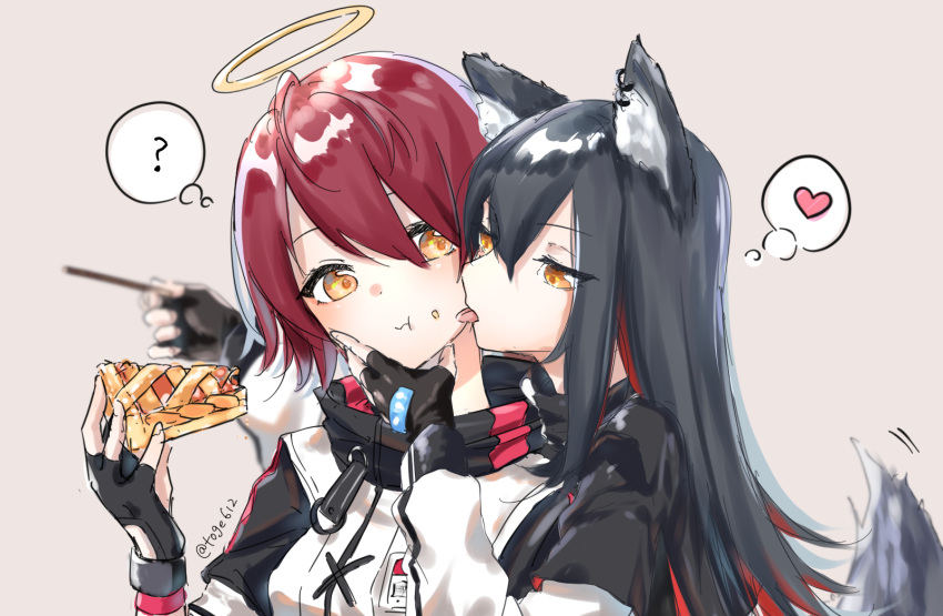 :t, ?, amopui, animal_ear_fluff, animal_ears, apple_pie, arknights, black_capelet, black_gloves, black_hair, capelet, closed_mouth, commentary, crumbs, earrings, eating, exusiai_(arknights), eyebrows_visible_through_hair, face_licking, fingerless_gloves, food, food_on_face, gloves, hair_between_eyes, halo, heart, highres, holding, holding_food, jacket, jewelry, lavender_background, licking, long_hair, motion_lines, multicolored_hair, orange_eyes, pocky, redhead, short_hair, simple_background, spoken_heart, spoken_question_mark, streaked_hair, tail, tail_wagging, texas_(arknights), thought_bubble, tongue, tongue_out, twitter_username, two-tone_hair, upper_body, white_jacket, wolf_ears, wolf_tail, yuri