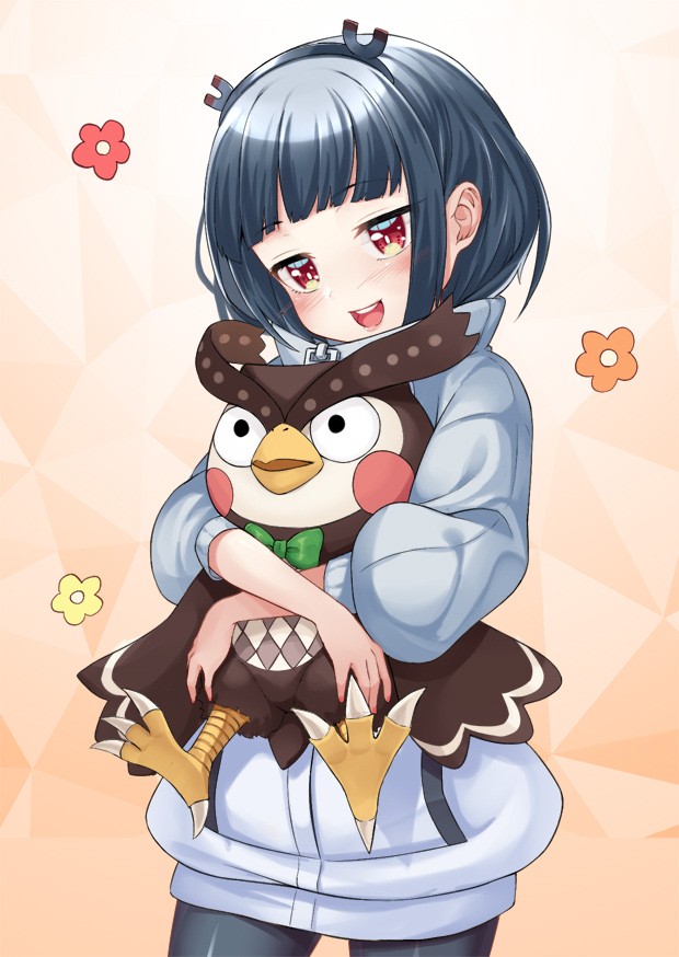 1girl, :d, animal, bangs, bird, black_hair, black_hairband, black_legwear