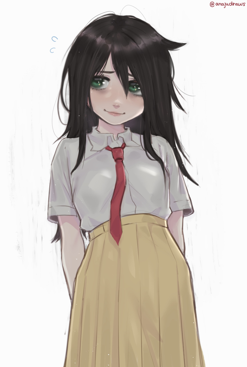 1girl, absurdres, anajudraws, arms_behind_back, bags_under_eyes, black_hair, collared_shirt, commentary, cowboy_shot, flying_sweatdrops, green_eyes, hair_between_eyes, highres, kuroki_tomoko, lips, long_skirt, looking_to_the_side, necktie, nervous_smile, pink_lips, pleated_skirt, red_neckwear, school_uniform, shirt, shirt_tucked_in, sketch, skirt, solo, twitter_username, watashi_ga_motenai_no_wa_dou_kangaetemo_omaera_ga_warui!, white_background, white_shirt, yellow_skirt