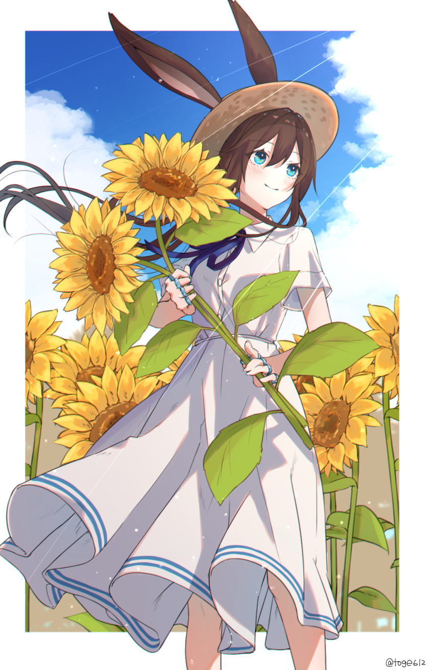 1girl, alternate_costume, amiya_(arknights), amopui, animal_ears, arknights, blue_eyes, blue_neckwear