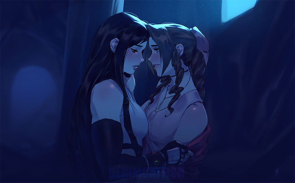 2girls, aerith_gainsborough, black_hair, braid, braided_ponytail, brown_hair, dress, drill_hair