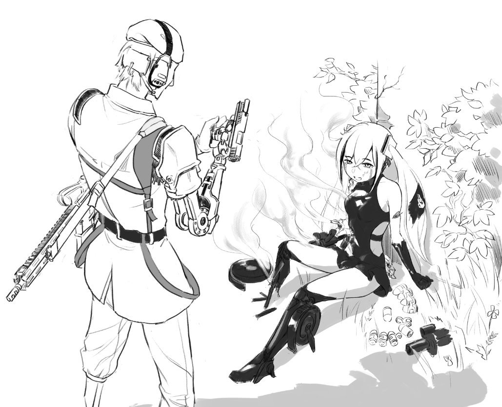 1boy, 1girl, android, broken, broken_leg, chernoshka, commander_(girls_frontline), commentary