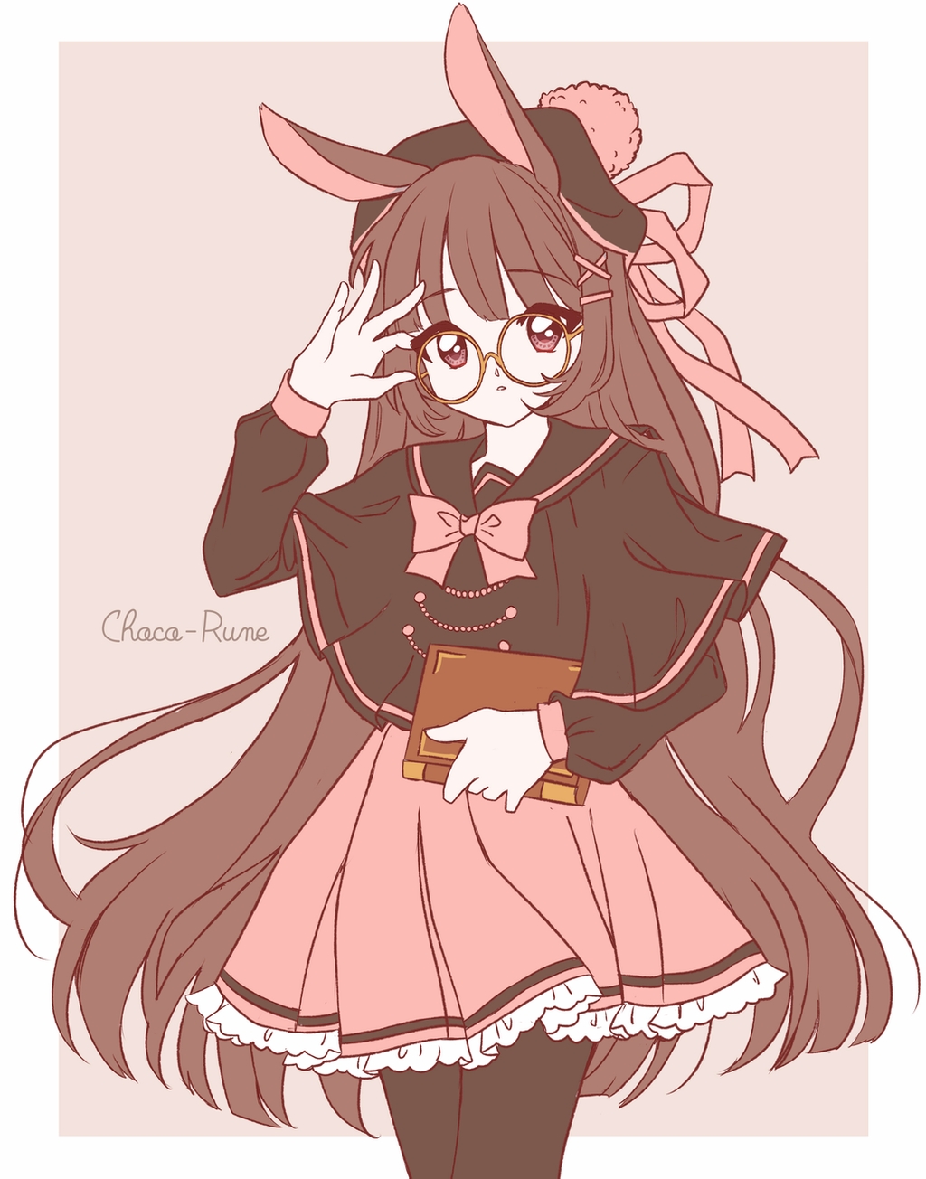 animal_ears, book, brown_hair, choco-rune, eyebrows_visible_through_hair, frilled_skirt, frills, glasses, hair_ornament, hair_ribbon, hairclip, hat, highres, holding, holding_book, long_hair, long_sleeves, looking_at_viewer, original, pantyhose, parted_lips, pleated_skirt, rabbit_ears, red_eyes, ribbon, sailor_collar, sidelocks, signature, skirt
