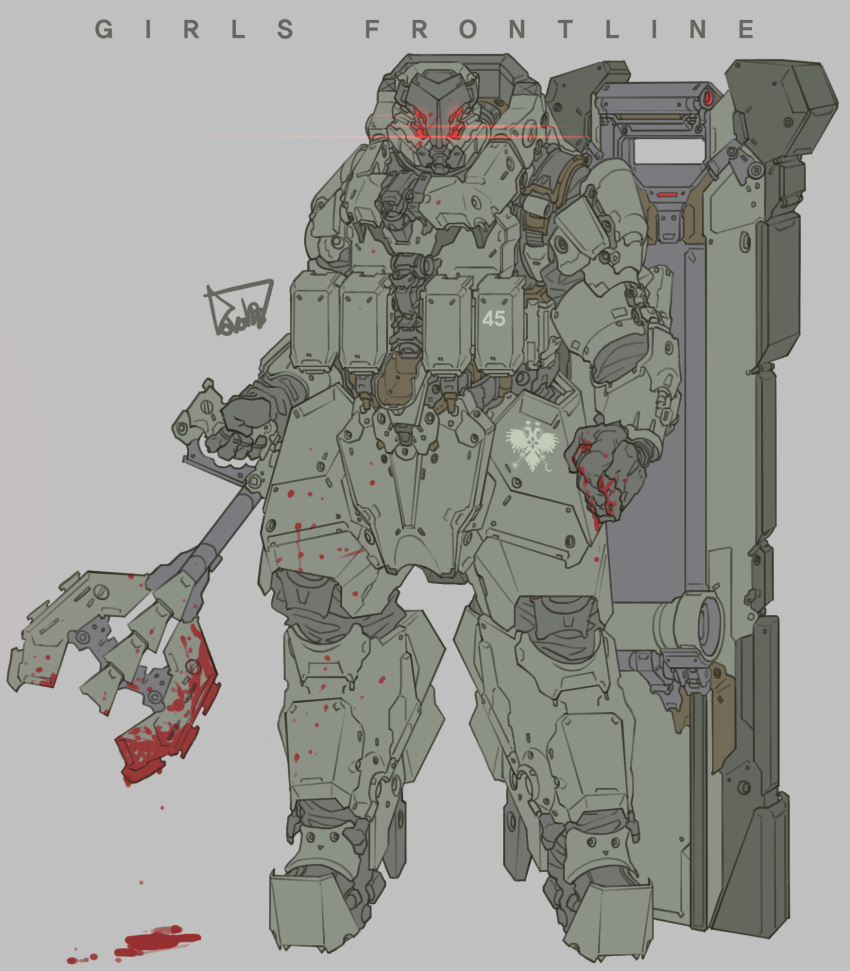 aegis_(kcco)_(girls_frontline), axe, blood, blood_drip, blood_splatter, bloody_hands, bloody_weapon, girls_frontline, glowing, glowing_eyes, highres, no_humans, obokhan, red_eyes, robot, shield, signature, weapon