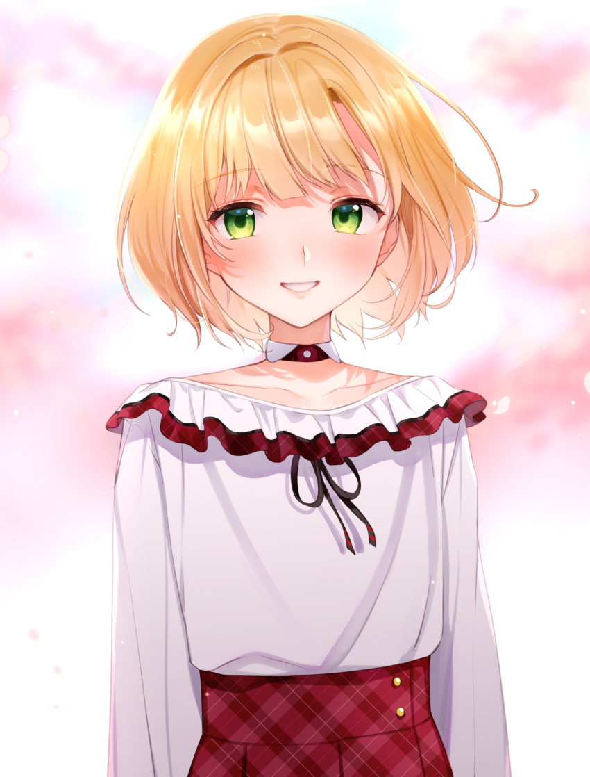 1boy, bangs, black_ribbon, blonde_hair, blouse, blush, collarbone, detached_collar