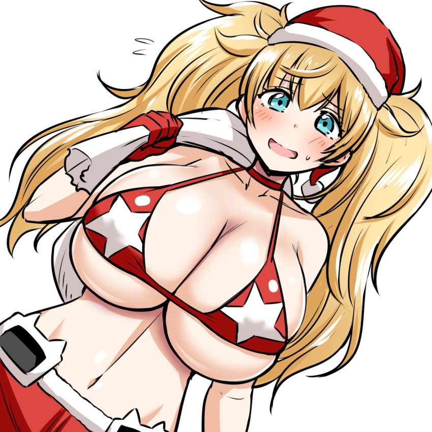 1girl, bikini, blonde_hair, blue_eyes, breasts, embarrassed, gambier_bay_(kantai_collection), gloves