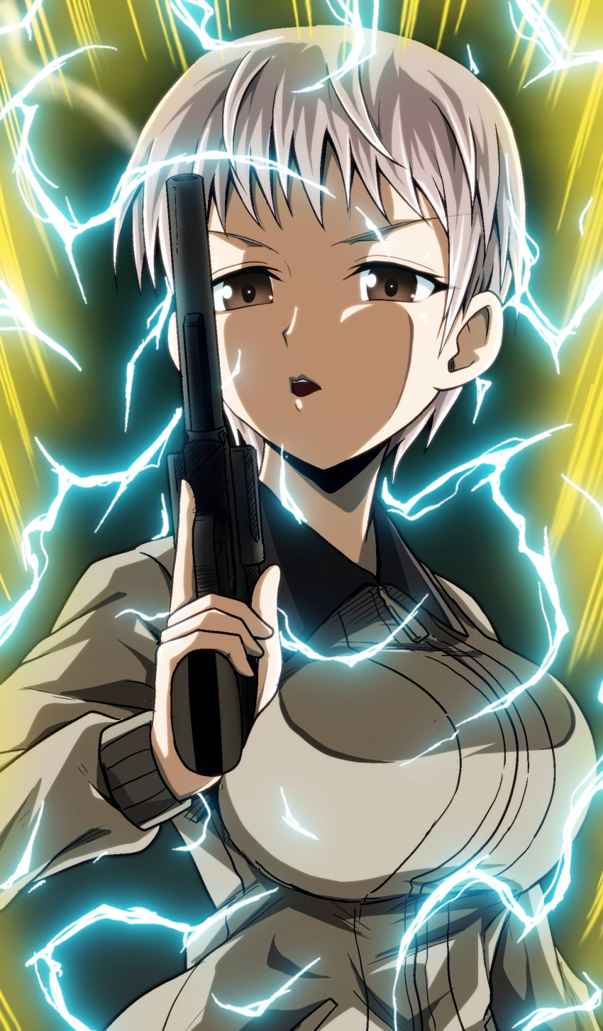 1girl, 44_magnum, absurdres, aura, bangs, brown_eyes, brown_hair, brown_jacket