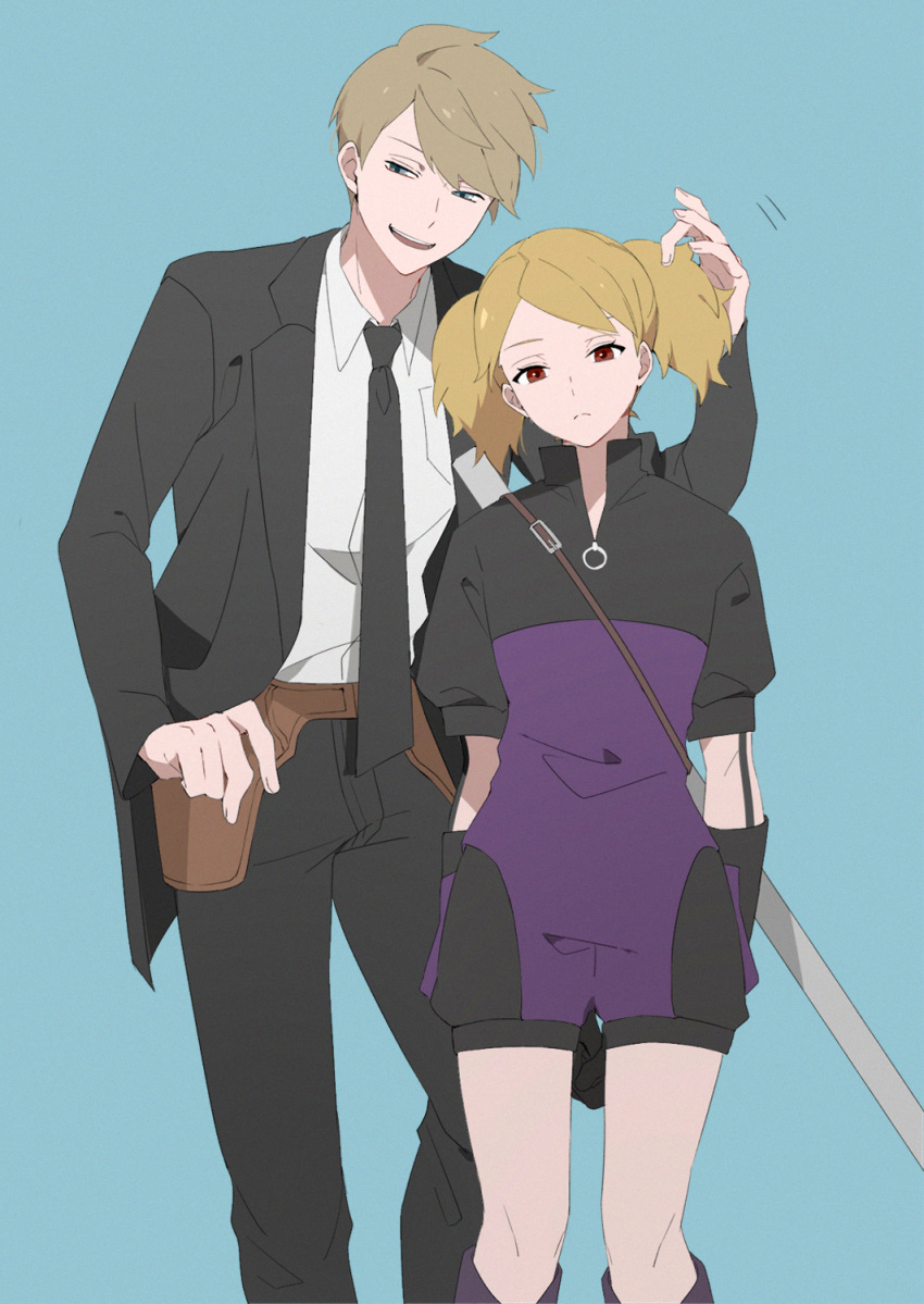 1boy, 1girl, arms_at_sides, bangs, black_gloves, black_jacket, black_neckwear, black_pants