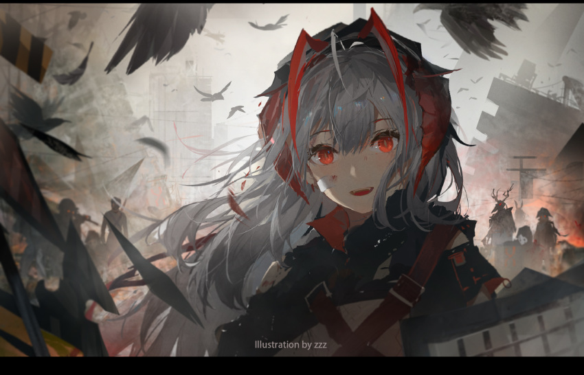 1girl, :d, ahoge, alternate_hair_length, alternate_hairstyle, arknights, artist_name, bandage_on_face