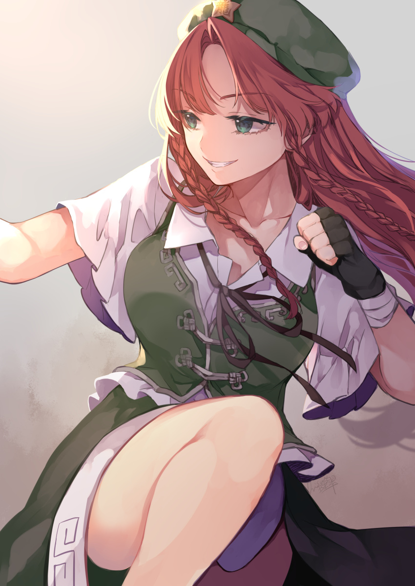 1girl, absurdres, beret, black_gloves, black_neckwear, braid, clenched_hand, commentary_request